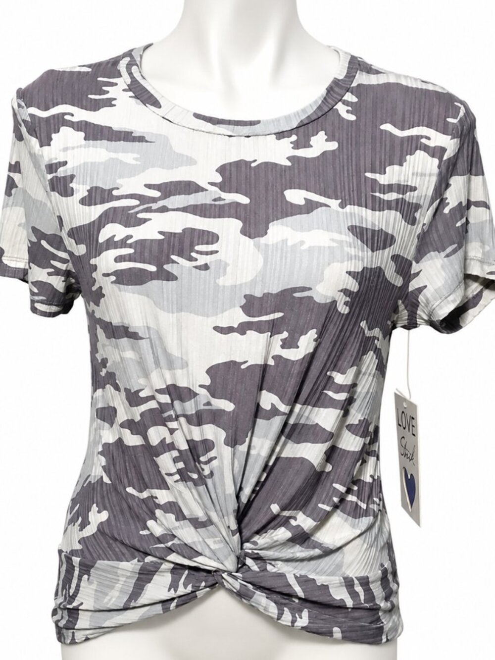 Medium short sleeve knotted shirt. Ribbed gray camouflage shirt Casual Comfy